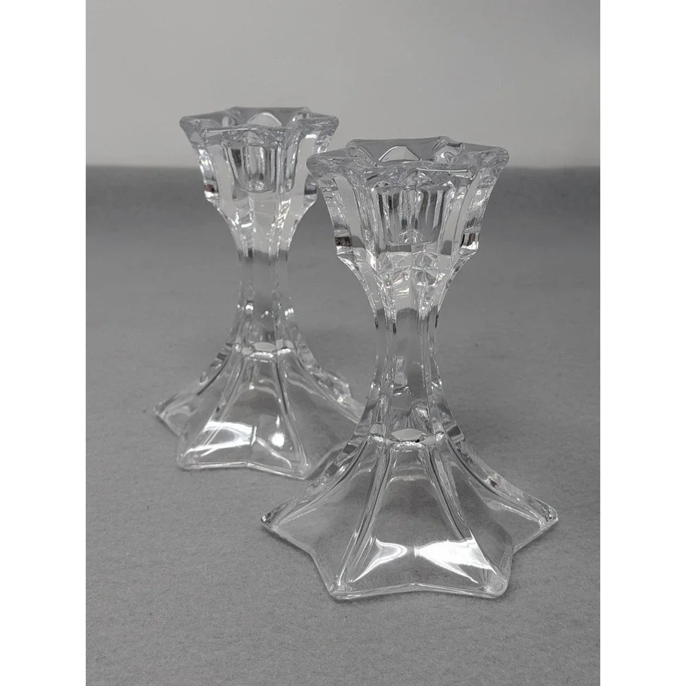 Set of 2 Vintage Clear Glass Candlestick Candle Holders Star Shaped Base 4